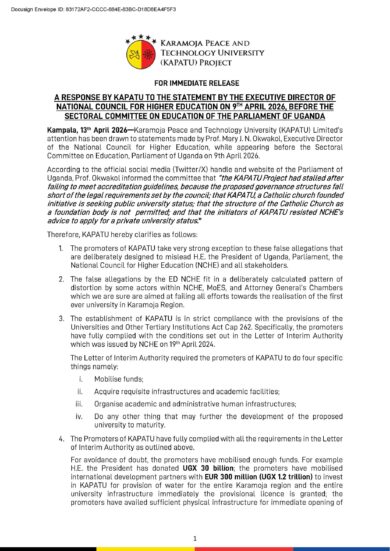 PRESS STATEMENT: Official Response to the Statement by the ED NCHE before the Sectoral Committee on Education of the Parliament of Uganda